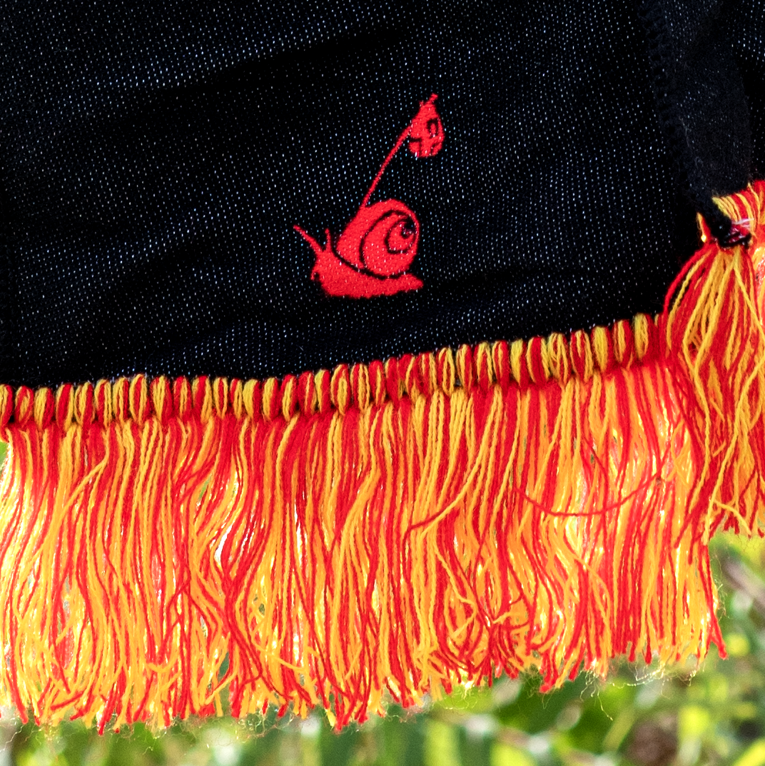 Close-up of a black scarf fabric with red embroidered Rover logo on bottom above an orange fringe against a green background.
