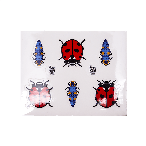 A sticker sheet featuring the colorful, charismatic adults and fascinating larvae of the nine-spotted ladybug, Coccinella novemnotata. The insects peel off a clear sticker sheet.