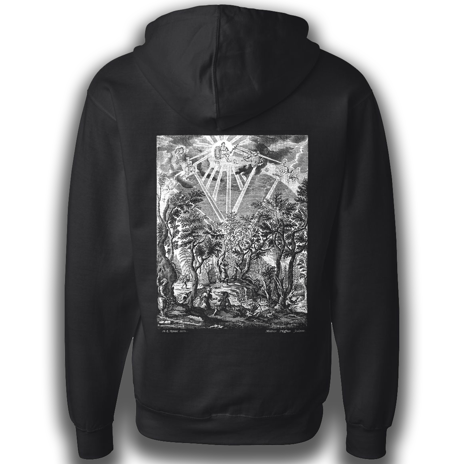 A black and white hoodie featuring artwork from Strychnomania explicans strychni manici antiquorum; original engravement described as "A man suffering madness from having eaten poisonous plant" by Melchior Haffner, published 1677.