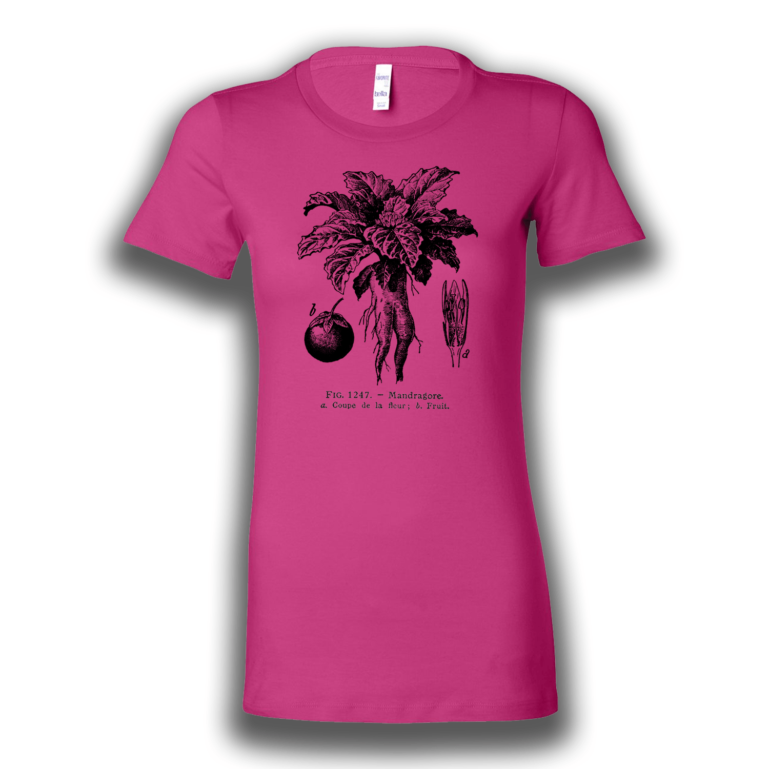 A bright pink women's shirt featuring vintage artwork, a botanical plate of the Mandrake root and plant, printed in black.