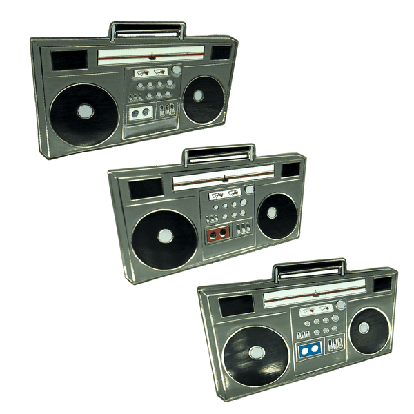 Retro boombox enamel pins by The Roving House