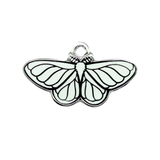 A small winter moth charm made of black nickel metal and white enamel fill.