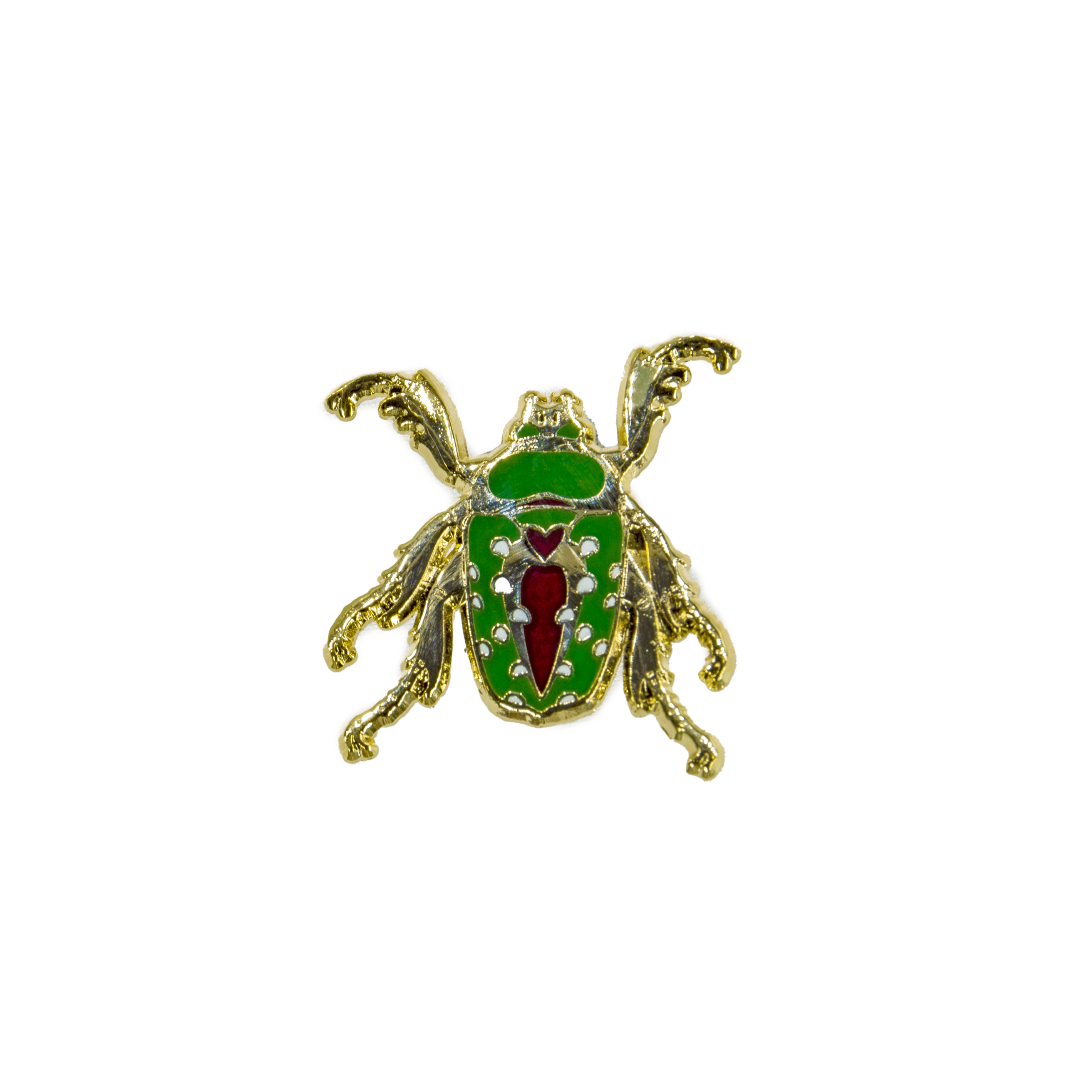 A red, green, white, orange, and gold enamel pin of the Mistletoe Beetle (Stephanorrhina guttata) with wings outstretched.