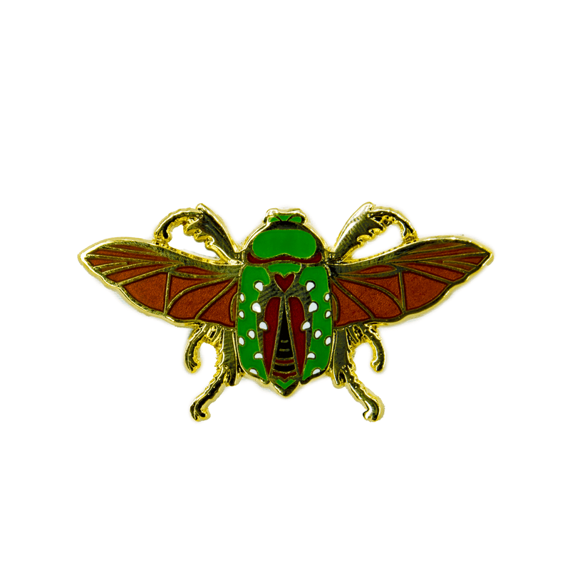 A red, green, white, orange, and gold enamel pin of the Mistletoe Beetle (Stephanorrhina guttata) with wings outstretched.