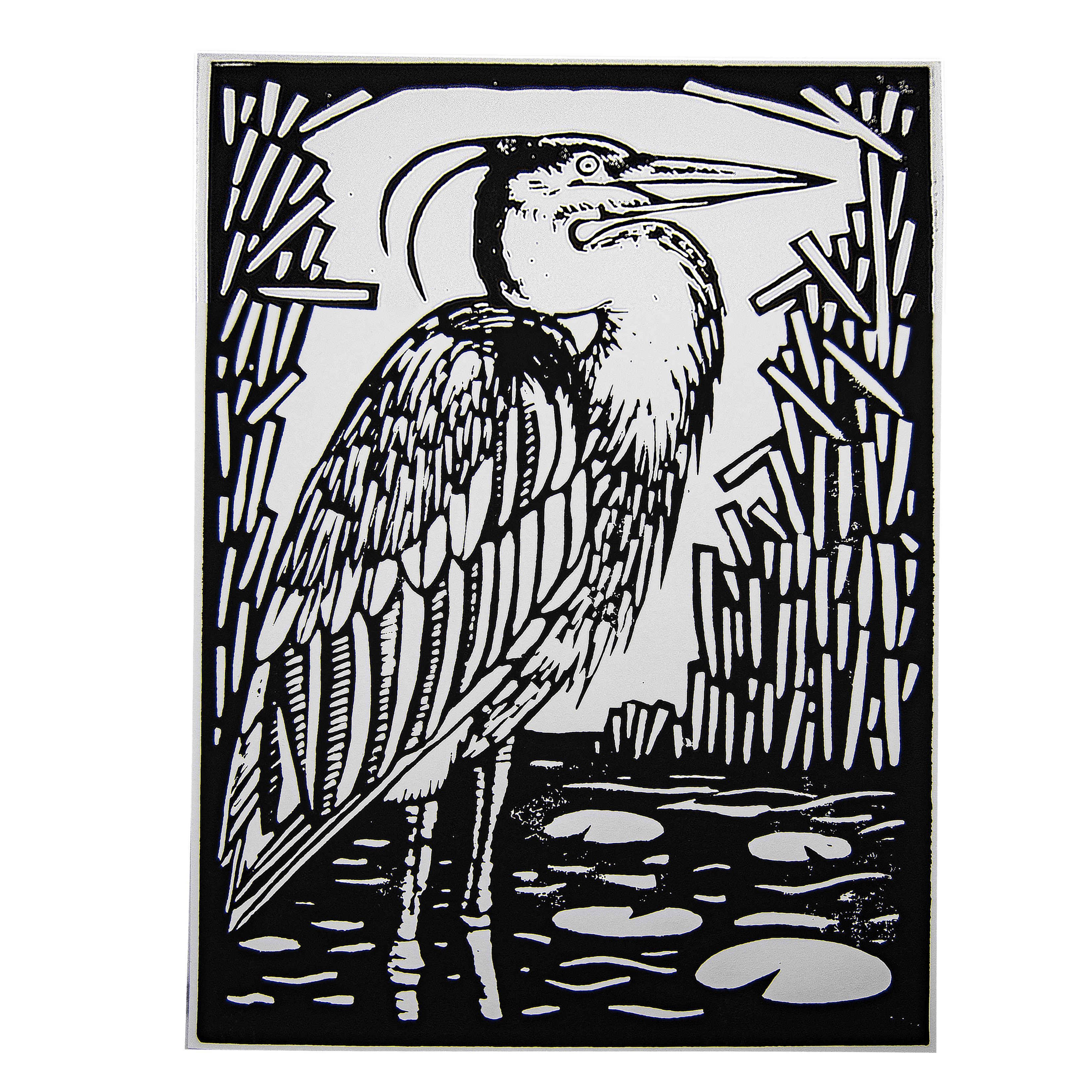 A large block printing of a great blue heron standing in a shallow pond.