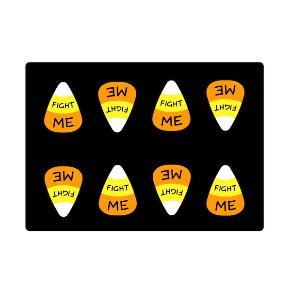A black sticker sheet of 8 white, yellow, and orange candy corns that read "FIGHT ME".