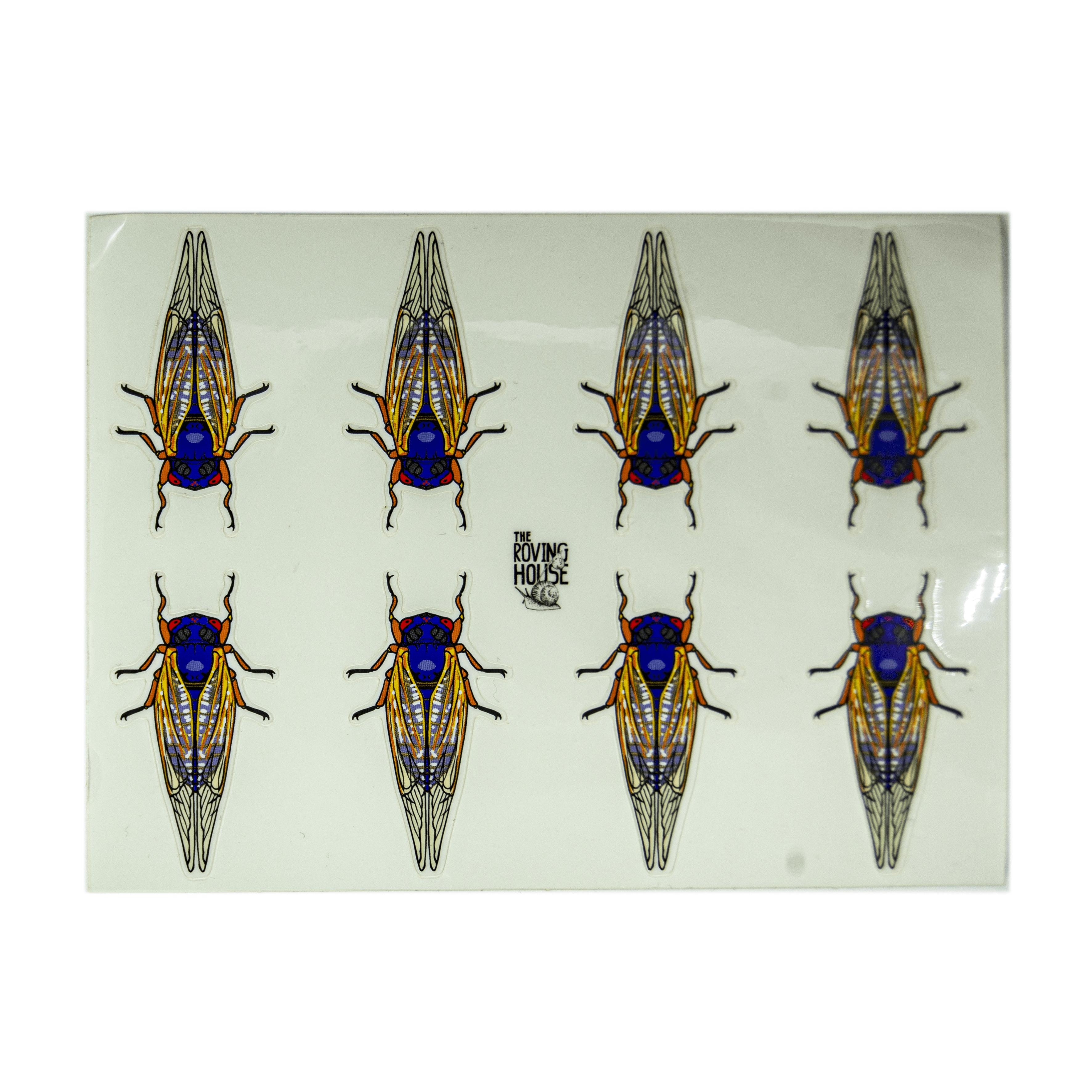 A sticker sheet of 8 periodical cicada insects, with bright yellows, blues, and reds.