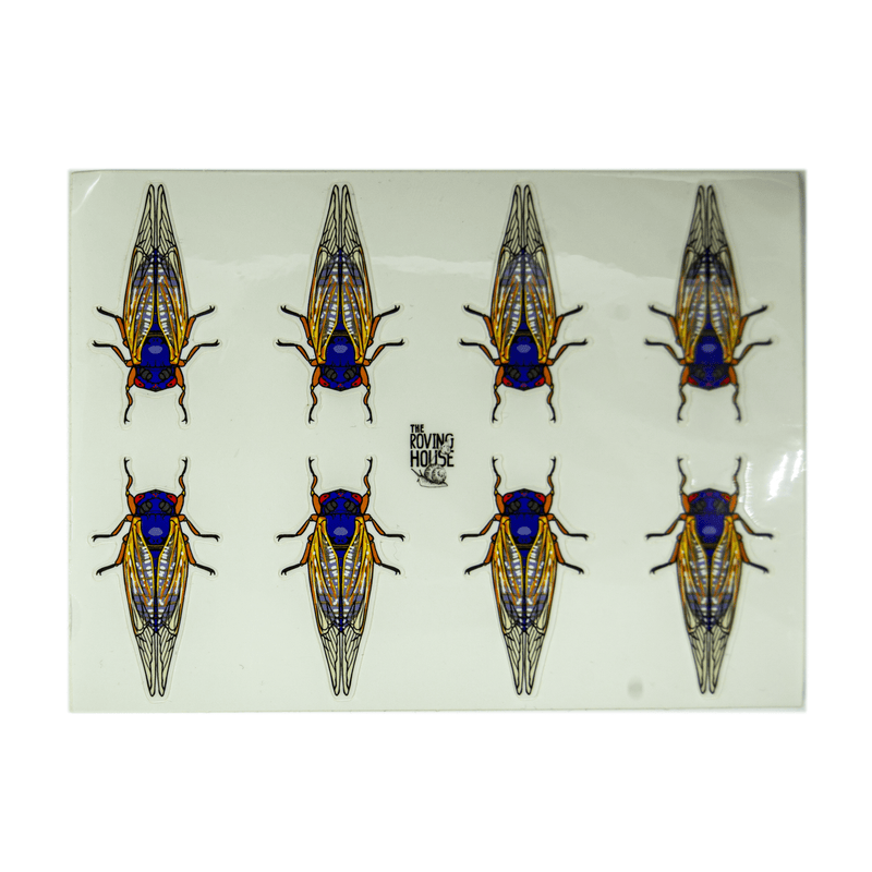 A sticker sheet of 8 periodical cicada insects, with bright yellows, blues, and reds.