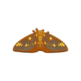 A brightly colored, orange, yellow, and grey Citheronia Regalis (Regal moth, Royal Walnut Moth) enamel pin on a plain white background.