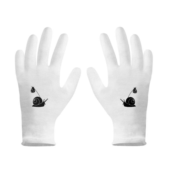 A pair of white gloves with the black Roving House snail and bindle mascot, Rover, printed on each one.