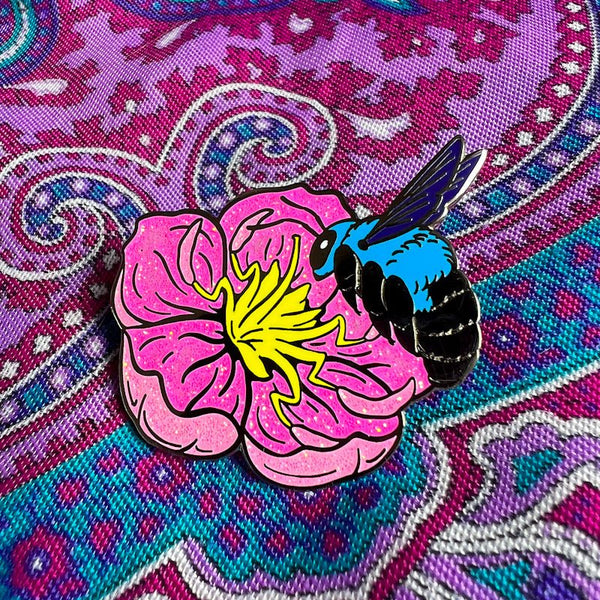 Blue Carpenter Bee & Flower Enamel Pin - Pink Glitter by The Roving House