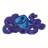 A large octopus enamel pin, featuring an anodized rainbow metal outline and shimmering, pearlescent blue and purple fill.