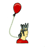 jan hakon erichson enamel pin with Jan wearing a red shirt and  crown of duct taped knives with a red balloon attatched to a chain goin through the duct tape roll.  