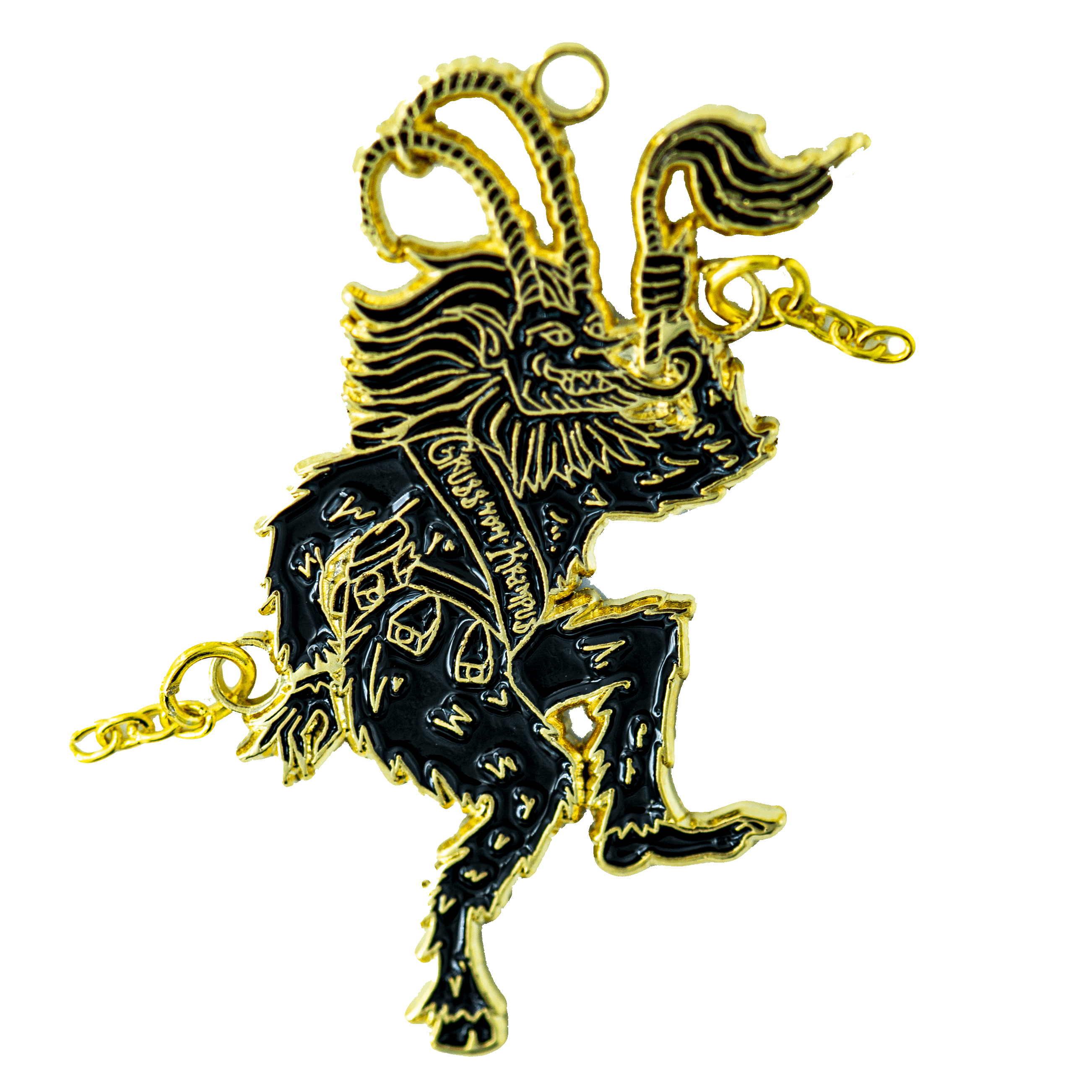 A black and gold ornament of Krampus sticking his tongue out and flailing his chains as he dances. He wears a sash that reads "Gross Vom Krampus". 