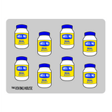 A grey sticker sheet of eight white, yellow, and blue mayonnaise jars that read "HELL NO" "REAL MESSY".