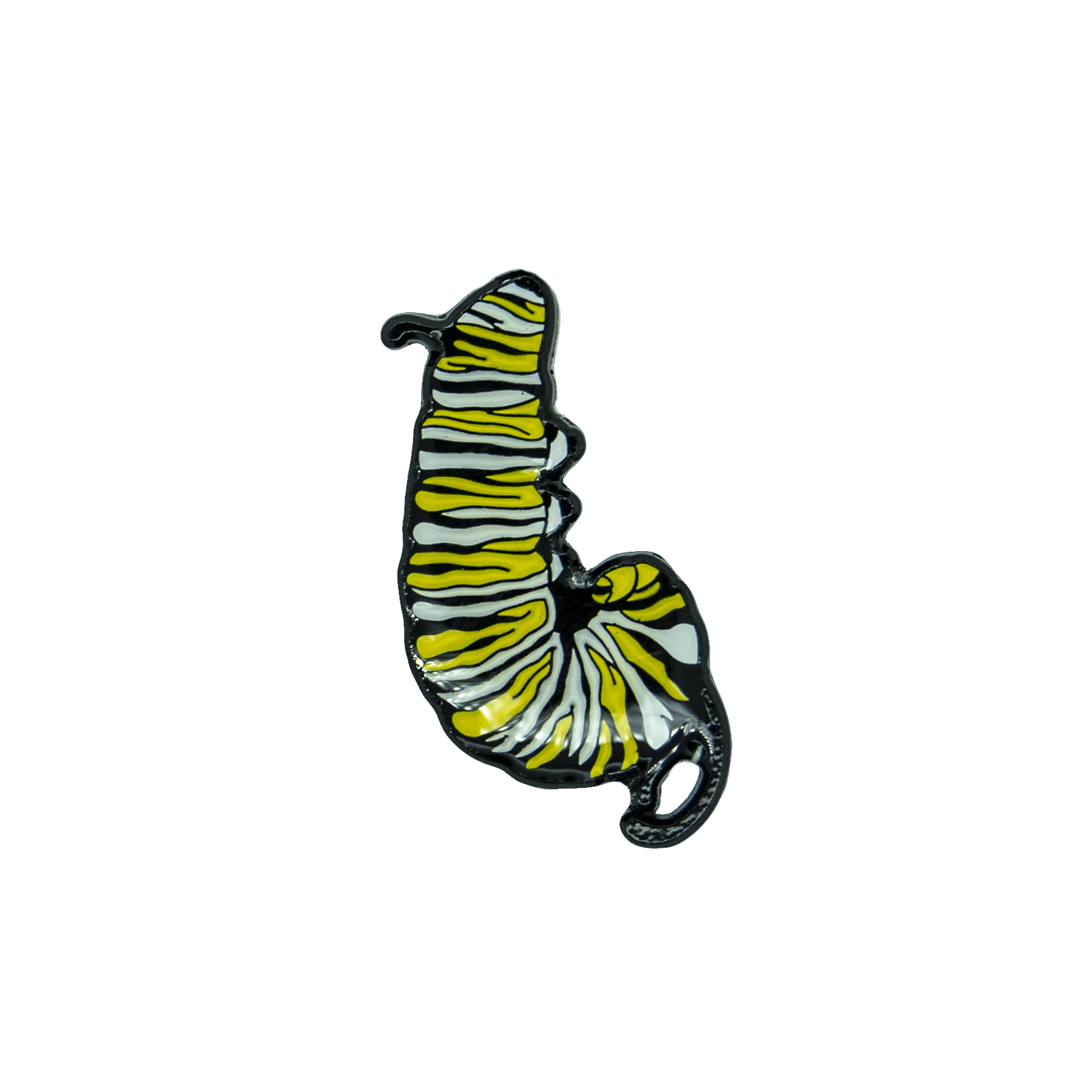 A black, white, and yellow enamel pin of the monarch caterpillar hanging in the J shape.