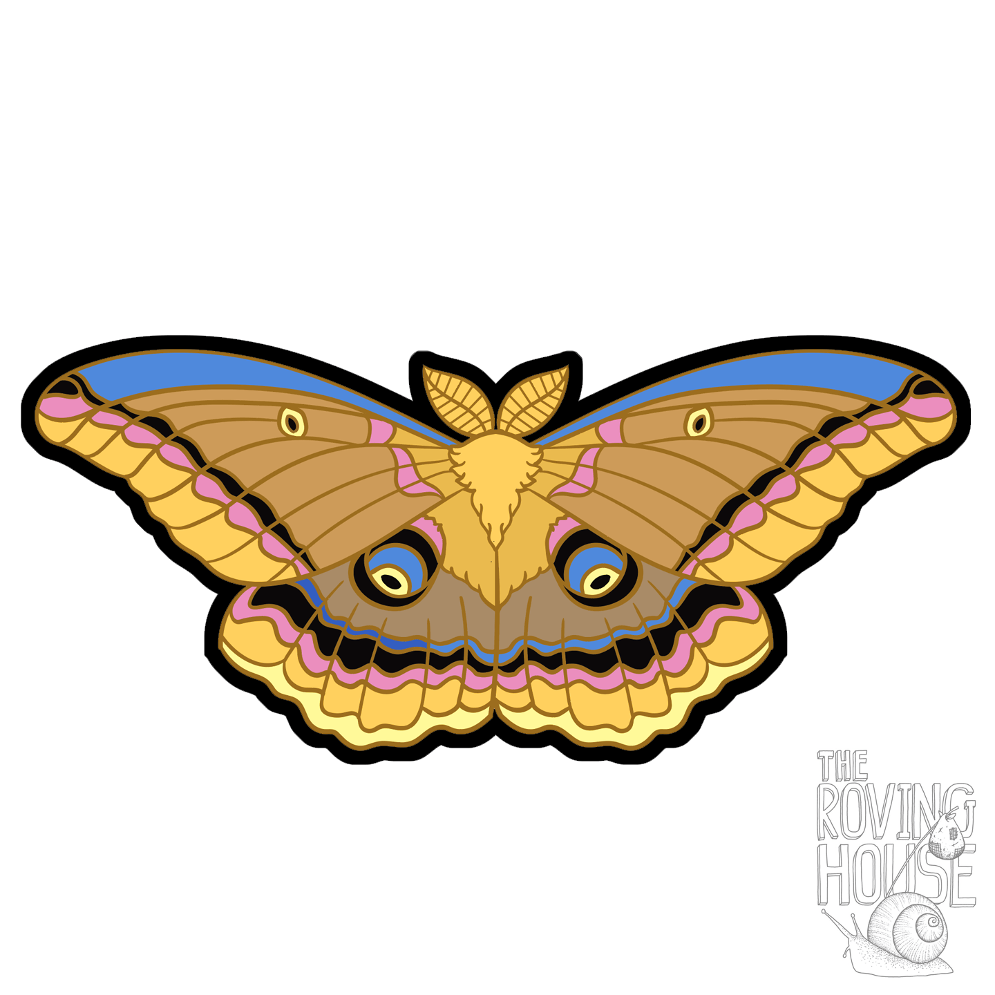 A life-sized vinyl sticker of a brown, orange, pink, black, and blue polyphemus moth, Antheraea polyphemus.