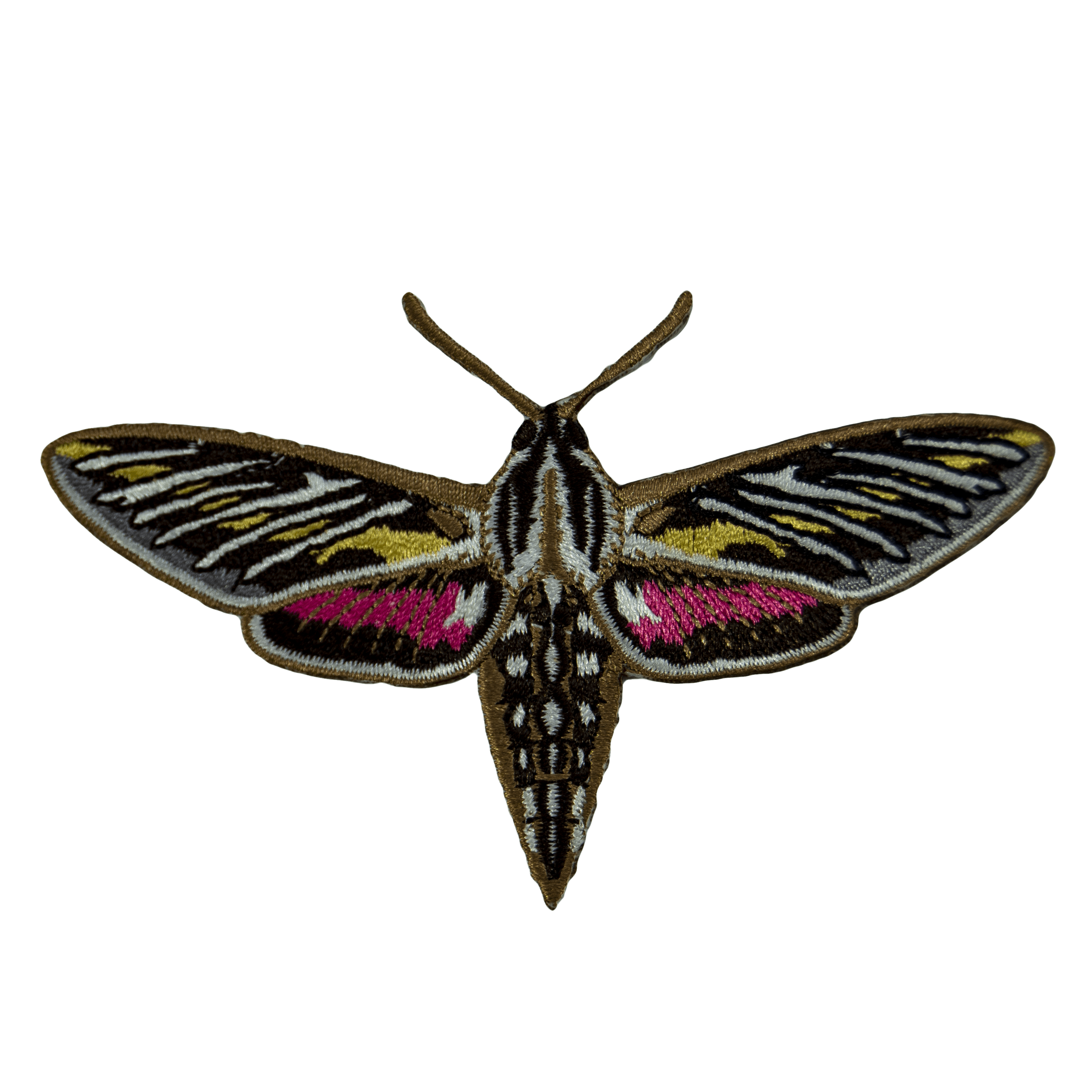 An embroidered patch of a brown and pink white lined sphinx moth, with wings outstretched.