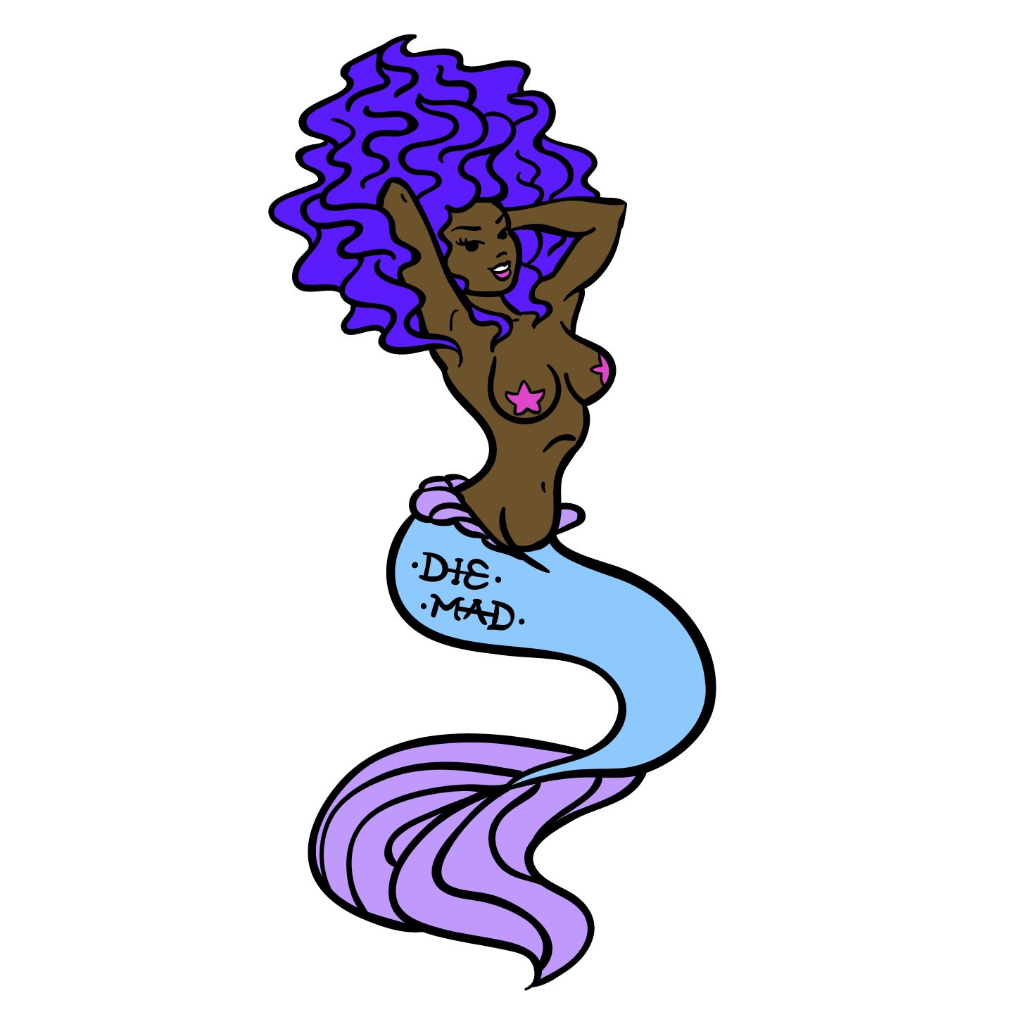 A matte vinyl sticker of a black femme mermaid with purple hair. She has a tattoo on her fish-butt that says "DIE MAD".