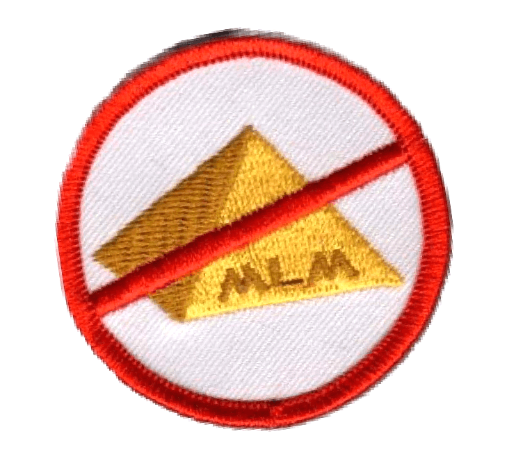 An embroidered patch featuring a red circle and slash over a pyramid, which reads "MLM".