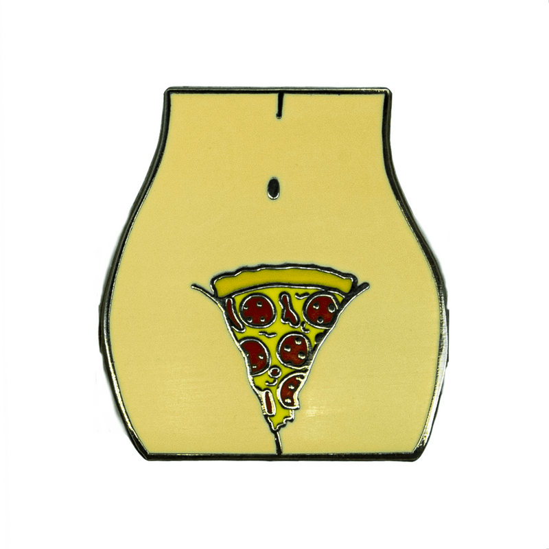 An enamel pin of a feminine  torso with a slice of pizza covering the pubic area. 