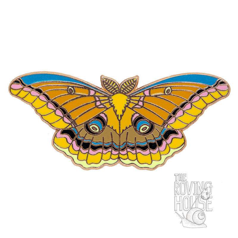 A small hard enamel pin of the colorful polyphemus moth.