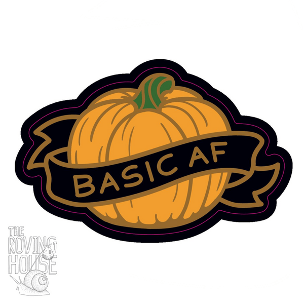 A vinyl sticker design of an orange pumpkin surrounded by a black banner that reads "BASIC AF".