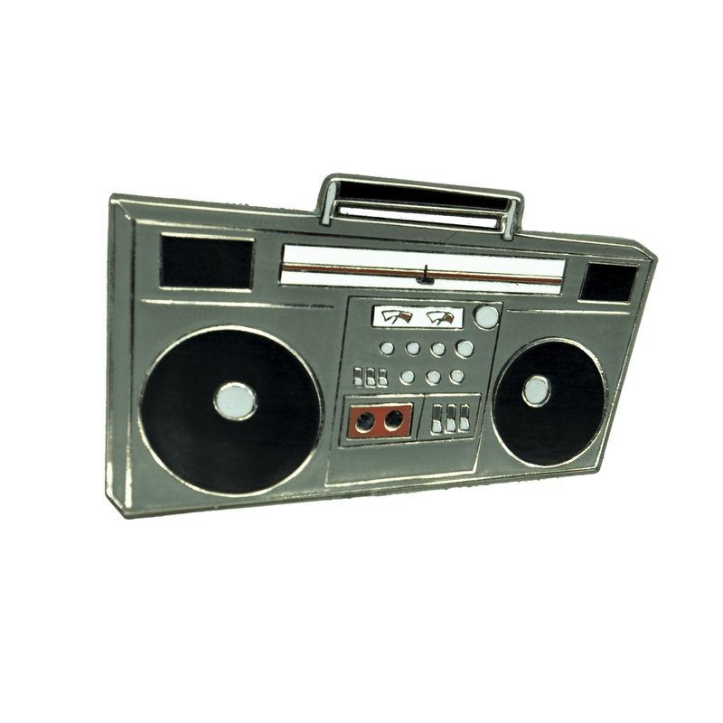 Retro boombox enamel pin with red cassette by The Roving House
