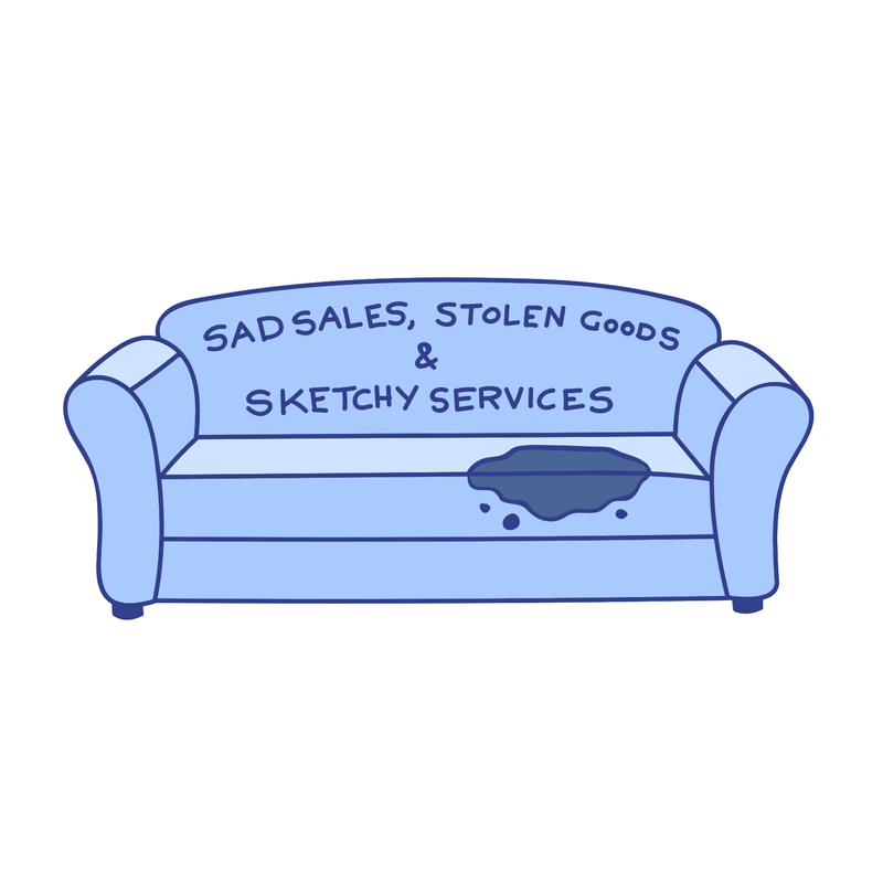 A blue sticker of a sofa with a stain. The couch reads "SAD SALES, STOLEN GOODS, & SKETCHY SERVICES".