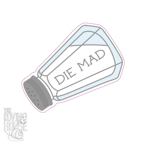 A vinyl blue, white, and grey sticker of a salt shaker with "DIE MAD" written on the side.