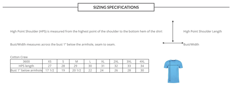 High Point Shoulder (HPS) is measured from the highest point of the shoulder to the bottom hem of the shirt. Bust/Width measures across the bust 1” below the armhole, seam to seam. All dimensions given are HPS x Bust in inches. [XS: 27x17.7 / S: 28x19 / M: 29x20.5 / L: 30x22 / XL: 31x24 / 2XL:32x26 / 3XL: 33x28 / 4XL: 34x30] 