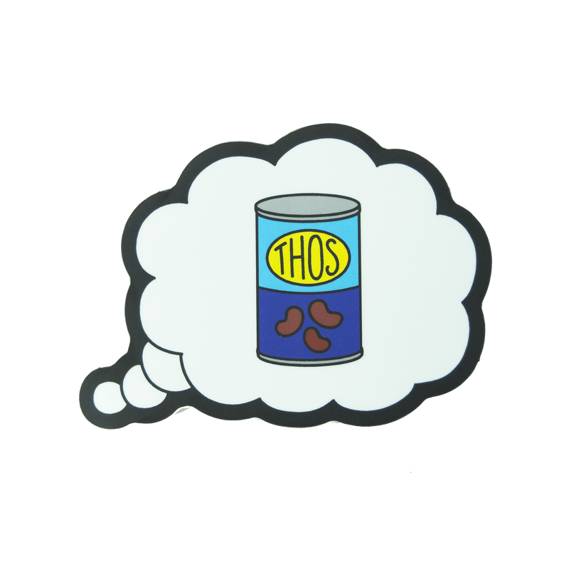 A vinyl sticker of a white thought bubble containing a blue and yellow can of beans, which reads "THOS".