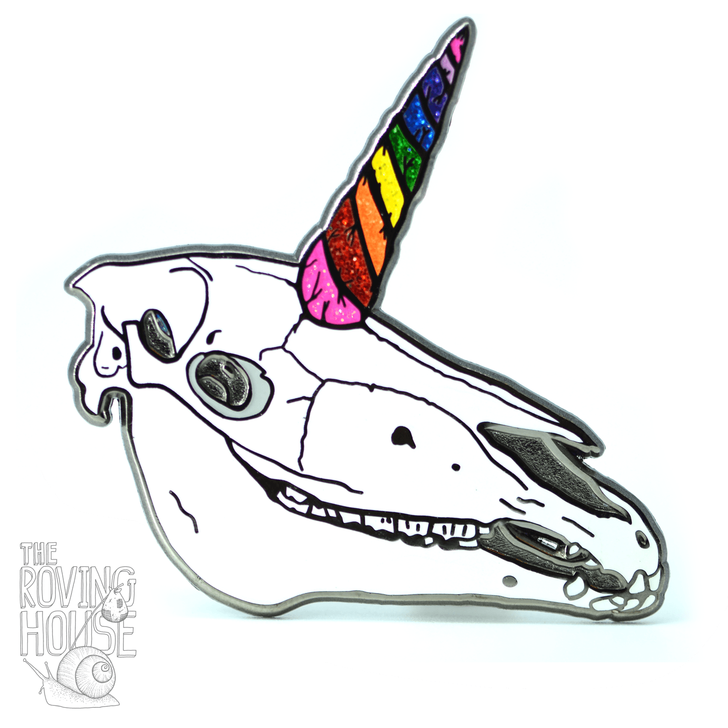 A hard enamel pin of unicorn skull with a rainbow swirled horn.